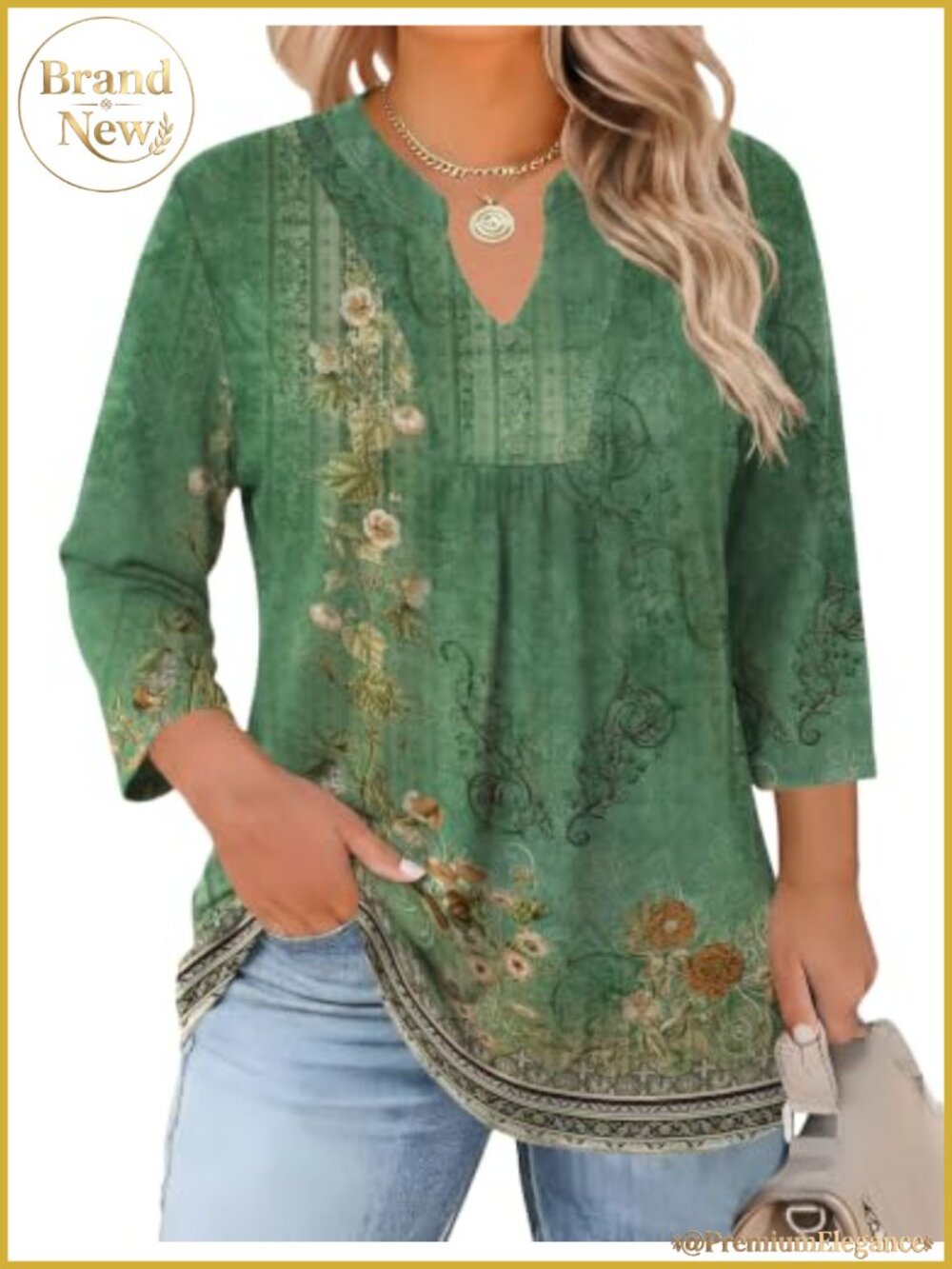 Women's Plus Size V-Neck 3/4 Sleeve Flowy Tunic Blouse Business Casual - Green
